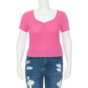(75095) THERMAL KNIT PLUS SIZE SHORT SLEEVE CROP TOP WITH BUTTON FRONT D…